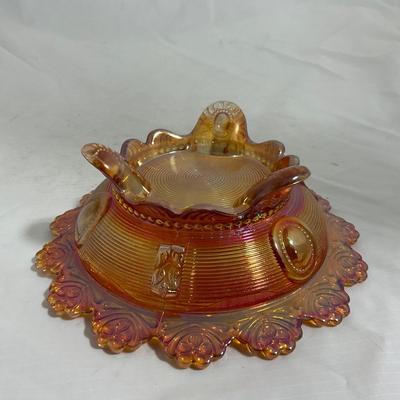 -137- Orange Carnival Iridescent | Marked | Tall Covered Butter Dish