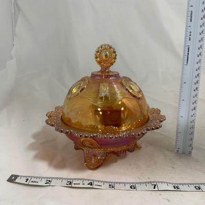 -137- Orange Carnival Iridescent | Marked | Tall Covered Butter Dish