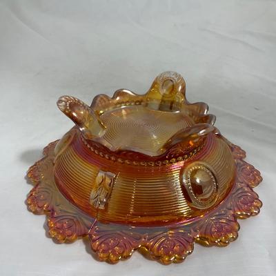 -137- Orange Carnival Iridescent | Marked | Tall Covered Butter Dish