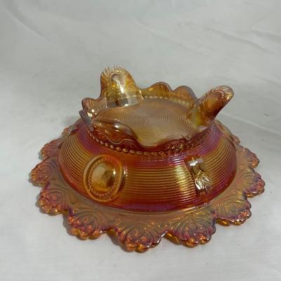 -137- Orange Carnival Iridescent | Marked | Tall Covered Butter Dish