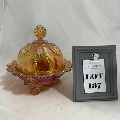 -137- Orange Carnival Iridescent | Marked | Tall Covered Butter Dish
