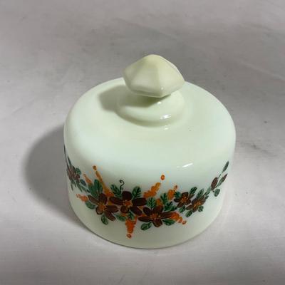 -139- Custard and Hand Painted Flowers | Uranium Glass | Small Covered Butter Dish