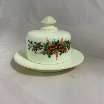 -139- Custard and Hand Painted Flowers | Uranium Glass | Small Covered Butter Dish