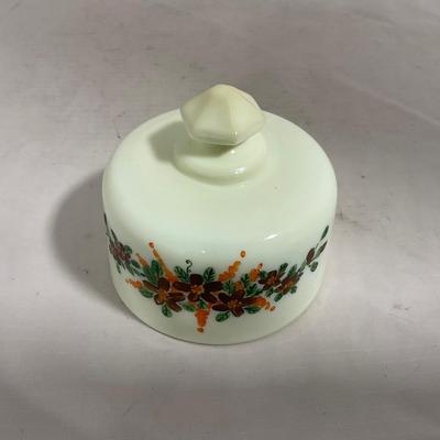 -139- Custard and Hand Painted Flowers | Uranium Glass | Small Covered Butter Dish