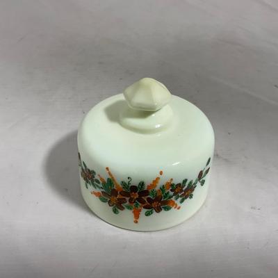 -139- Custard and Hand Painted Flowers | Uranium Glass | Small Covered Butter Dish