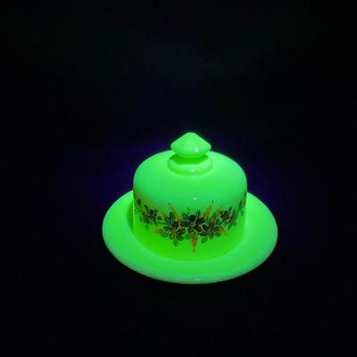 -139- Custard and Hand Painted Flowers | Uranium Glass | Small Covered Butter Dish