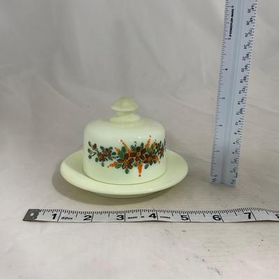 -139- Custard and Hand Painted Flowers | Uranium Glass | Small Covered Butter Dish