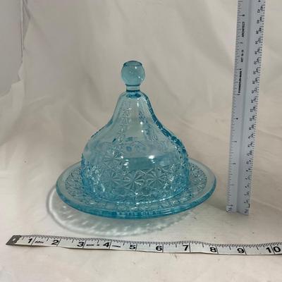 -142- Heavy Light Blue Glass | Covered Butter Dish