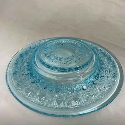 -142- Heavy Light Blue Glass | Covered Butter Dish