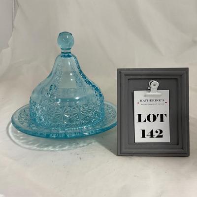 -142- Heavy Light Blue Glass | Covered Butter Dish
