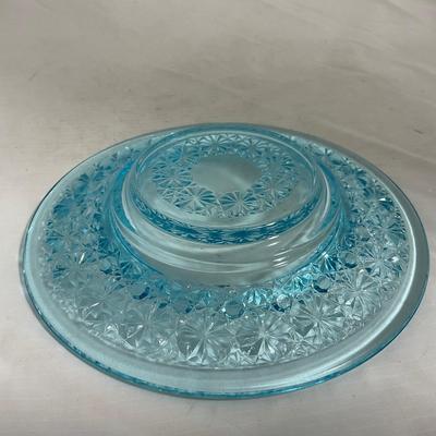 -142- Heavy Light Blue Glass | Covered Butter Dish