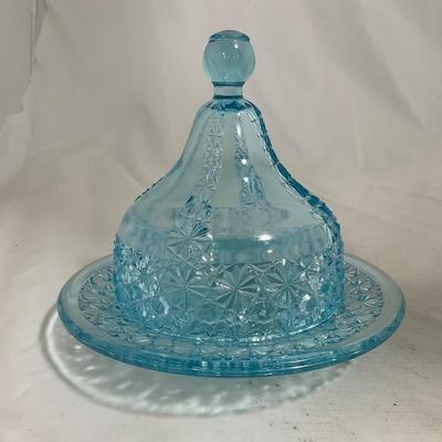 -142- Heavy Light Blue Glass | Covered Butter Dish
