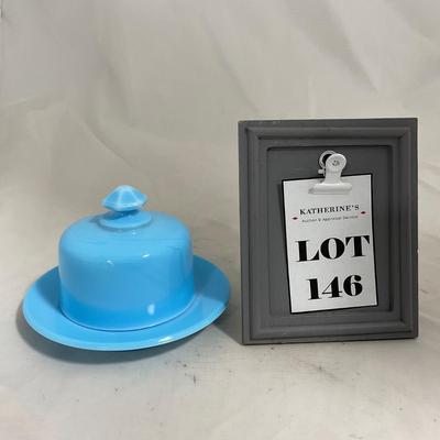 -146- Small Blue Slag Glass | Marked | Covered Butter Dish