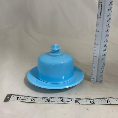 -146- Small Blue Slag Glass | Marked | Covered Butter Dish
