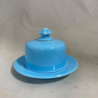 -146- Small Blue Slag Glass | Marked | Covered Butter Dish