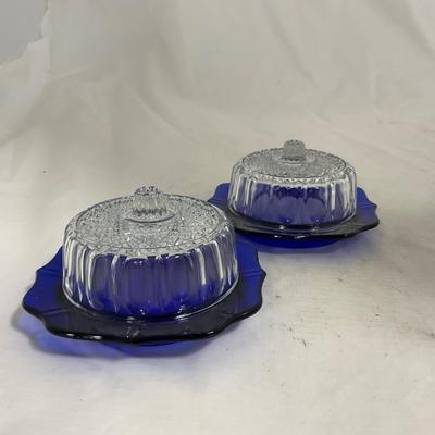 -147- Cobalt & Clear Glass | Set of Two | Covered Butter Dishes