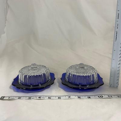 -147- Cobalt & Clear Glass | Set of Two | Covered Butter Dishes