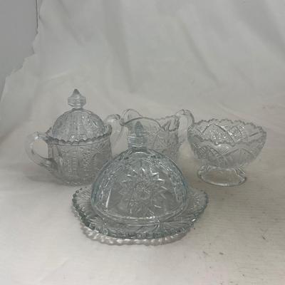 -151- Clear Glass | Children's Sized | Covered Butter Dish | Lidded Jar | Creamer & Sugar
