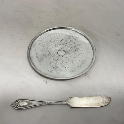 -153- Metal with Designed Rim | Butter Insert | Serving Knife | Covered Butter Dish