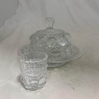 -154- Heavy Clear Glass | Matching Set | Covered Butter Dish | Toothpick Holder