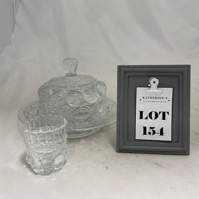 -154- Heavy Clear Glass | Matching Set | Covered Butter Dish | Toothpick Holder