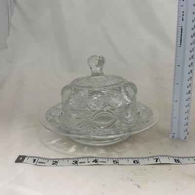 -154- Heavy Clear Glass | Matching Set | Covered Butter Dish | Toothpick Holder