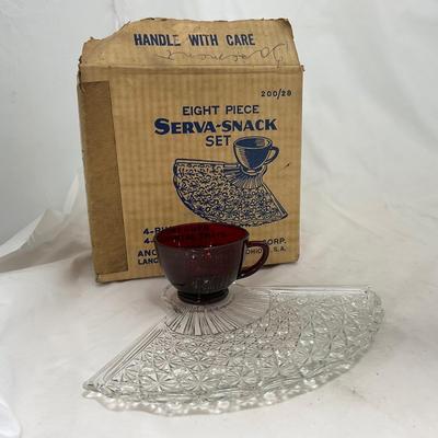 -155- Ruby Red and Clear Glass | Serva Snack Set | Anchor Hocking | New In Box | 8 Piece Set