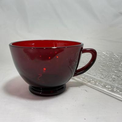 -155- Ruby Red and Clear Glass | Serva Snack Set | Anchor Hocking | New In Box | 8 Piece Set