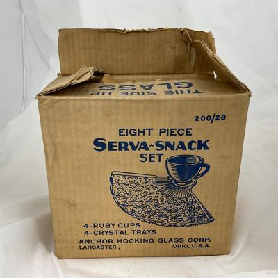 -155- Ruby Red and Clear Glass | Serva Snack Set | Anchor Hocking | New In Box | 8 Piece Set