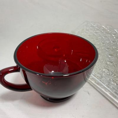 -155- Ruby Red and Clear Glass | Serva Snack Set | Anchor Hocking | New In Box | 8 Piece Set