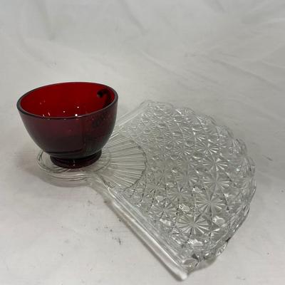 -155- Ruby Red and Clear Glass | Serva Snack Set | Anchor Hocking | New In Box | 8 Piece Set