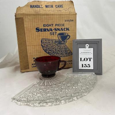 -155- Ruby Red and Clear Glass | Serva Snack Set | Anchor Hocking | New In Box | 8 Piece Set
