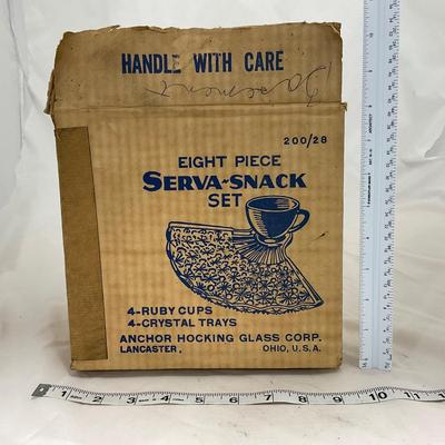 -155- Ruby Red and Clear Glass | Serva Snack Set | Anchor Hocking | New In Box | 8 Piece Set