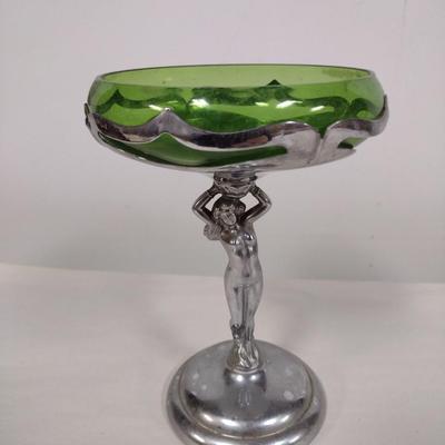 Mid Century Farben Bros. Art Neuvo Pedestal Goblet with Green Glass