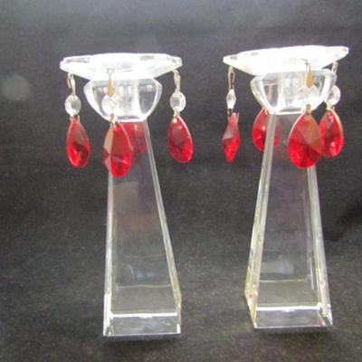 Pair of Waterford Crystal Candlestick Holders with Hanging Crystal Drip Guards (#159)