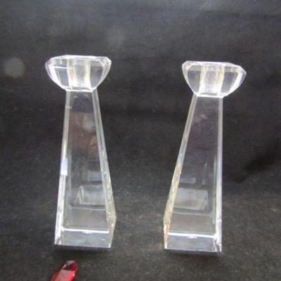 Pair of Waterford Crystal Candlestick Holders with Hanging Crystal Drip Guards (#159)