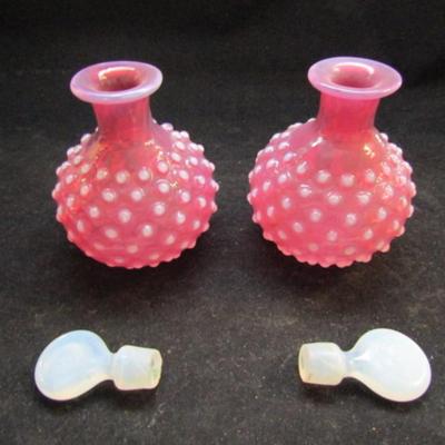 Pair of Pink Hobnail Bottles with Stoppers -Possibly Fenton (#131)