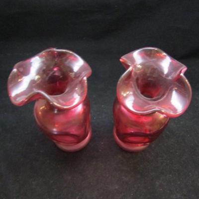 Pair of Cranberry Glass Vases with Ruffled Tops- Possibly Fenton (#129)