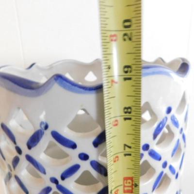 Ceramic Blue and White Umbrella Stand with Pierced Edge