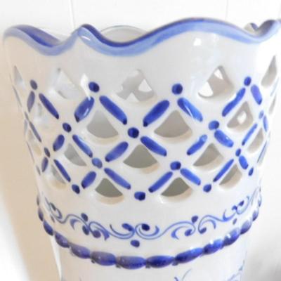 Ceramic Blue and White Umbrella Stand with Pierced Edge