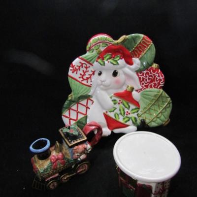 Fitz and Floyd Holiday Theme Pieces- Plate, Mini Teapot, and Candle Stand   (#363)