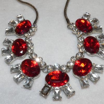 Ruby Red Rhinestone Statement Silver Tone necklace