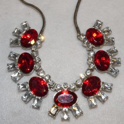 Ruby Red Rhinestone Statement Silver Tone necklace
