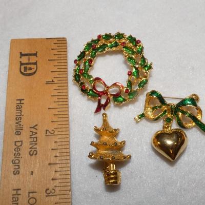 Gold Tone Christmas Pins, (3) Wreath, Tree, Ribbon w/heart