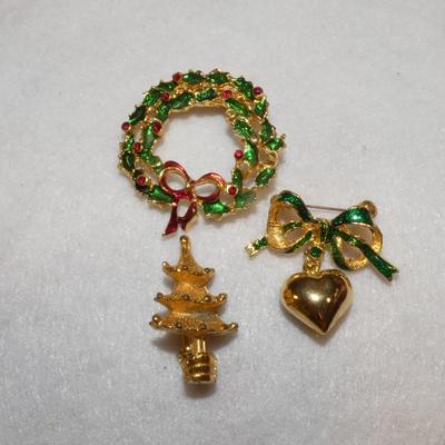 Gold Tone Christmas Pins, (3) Wreath, Tree, Ribbon w/heart
