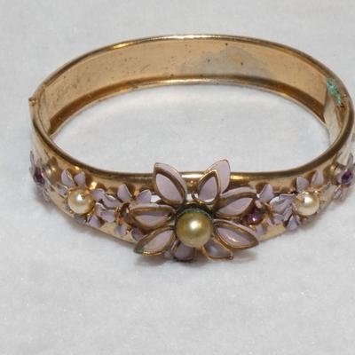Gold Tone Enamel Purple Flower Latch Cuff Bracelet