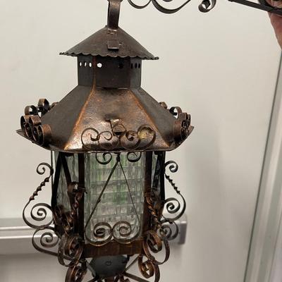 Set of 2 vintage heavy  bronze & glass candle lanterns. 15â€ high 6.5â€ wide