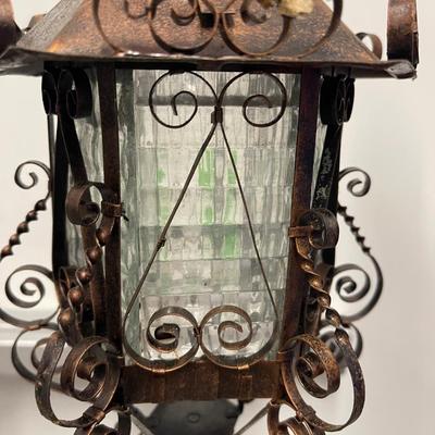 Set of 2 vintage heavy  bronze & glass candle lanterns. 15” high 6.5” wide