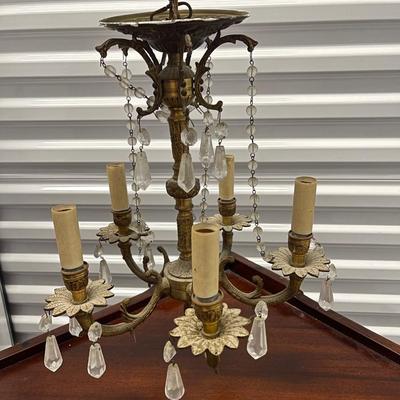 Brass and Crystal chandelier with crystals. Vintage. 13â€ tall. 11â€ wide.  Electric but needs to be Re-wired. See details.