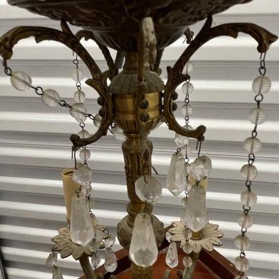 Brass and Crystal chandelier with crystals. Vintage. 13” tall. 11” wide.  Electric but needs to be Re-wired. See details.